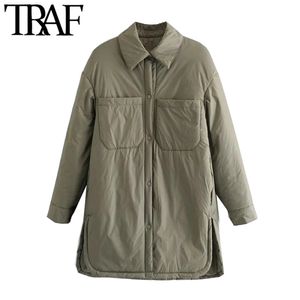 Frauen Mode Mit Taschen Gepolsterte Lose Dünne Jacke Mantel Vintage Langarm Seitenschlitze Weibliche Oberbekleidung Chic Overshirt 210507