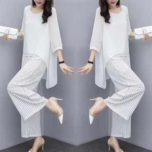 Szyfonowe spodnie Damskie Damskie Pant Garnitury Dla Matki Outfit Outfit Formalny Wedding Guest Striped Wide Noga Loose 3 Piece Sets 211105