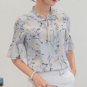 オフィスレディースエレガントなシャツトップス弓Oネックカジュアル夏のシャツフラワープリント女性シフォンブラウス女性フレアスリーブプルオーバー210507
