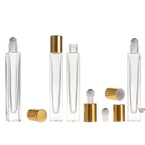 Neue 10 ml leere Stift-Quadrat-Klarglas-Rollflasche mit Goldkappe, Edelstahl-Rollkugel für ätherisches Öl, Parfüm, RRF12862