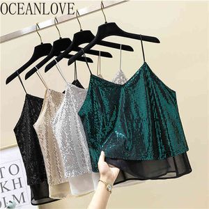 Sequined Chiffon T Shirt Women Shiny Sexy Sleeveless Ropa Mujer Spring Summer Ins V Neck T-shirt Short 13975 210415