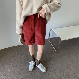 Red High Waist Corduroy Slender Casual Streetwear Chic Fashion Women All-Match Loose Simple Wide Leg Shorts 210421