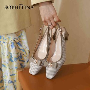 Sophitina Med каблуки женская обувь насосы базовый сладкий стиль ткань бабочка-узла платье жемчужины лето квадратный носок элегантные насосы fo109 210513