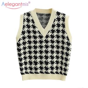 Aelegantmis Vintage Houndstooth V Boyun Örme Yelek Kadın Kore Gevşek Kazak Kolsuz Kazak Rahat Süveter Yelek Chic 210607