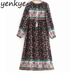 Floral Print Vintage Sukienka Kobiety Tassel Lace Up O Neck Z Długim Rękawem Casual Wakacje Lato Plus Rozmiar Vestido 210514