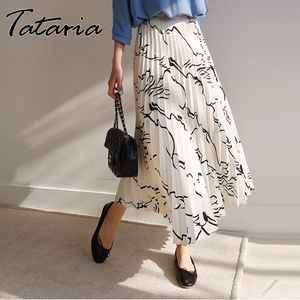 Tataria Chiffon-Faltenrock für Frauen mit hoher Taille, s-Druck, knöchellang, weiblich, lange Linie, Graffiti, locker 210514