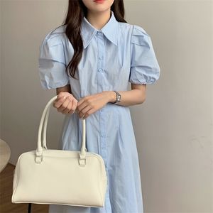 Camicie eleganti e delicate Abito breve solido coreano Tutti i fiammiferi Sciolti Abiti estivi Femme Abiti lunghi A-line 210525