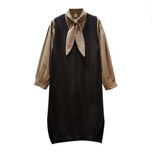 茶色の格子縞のシャツの弓襟の長袖プラスサイズの短いミニノースリーブニットドレス秋2個セットD1386 210514