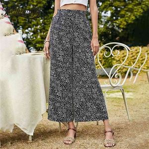 Estilo de férias de verão Imprimir pants de pernas largas mulheres chegada boho casual solta calças de cintura alta para senhoras 210510