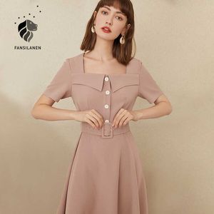 FANSILANEN Office lady short pink vintage dress Women square collar sleeve blazer Elegant autumn winter party 210607