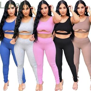 Womens Designer Clothing 2022 Sexy Sleeveless Hollow Out Crop Tops Two Piece Pants Set Sports Tracksuits Yoga Legging Outfits