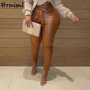 Kadın Kapris toptan satış-Deri Pantolon Kadın Moda Artı Boyutu Yüksek Bel Kemeri Uzun Pantolon Sonbahar Kış Seksi Sıska Kadın Femme Pantalon Kadın Capris