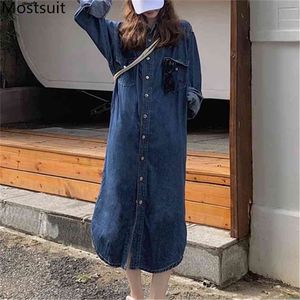 Blau Denim Frauen Langes Kleid Einreiher Volle Hülse Drehen-unten Kragen Hemd Kleider Koreanische Casual Mode Weibliche Vestido 210513