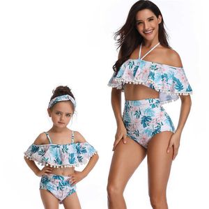 Mom and Daughter Matching Swimwear Fashion Baby Girls Leaves Swimsuit Outfit Pom Sexy Mommy Me Clothes 210529