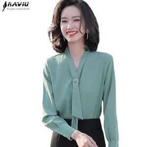 Chiffon Bow Laço Camiseta Feminino Moda Temperamento Verde Verde Manga Longa Blusas Escritório Senhoras Elegant Formal Tops 210604