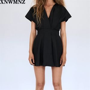 Kadınlar Siyah Retro Yüksek Bel Katı Mini Elbise A-Line Chic Poplin Kısa V yaka Kısa Kollu 210520