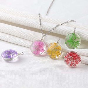 Dried Flower Necklace for Women Gifts Fashion Clear Glass Ball Charms Round Pendant Necklaces Link Chain Cute Jewelry