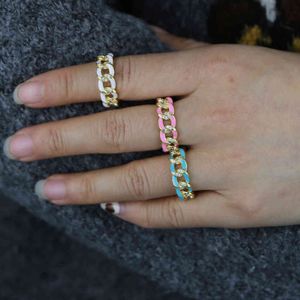 20211 Schlichter Neon-Emaille-Ring, Miami-Gliederkette, gepflastert mit glänzendem Kubikzircon-Stein für Damen, fluoreszierender Modeschmuck