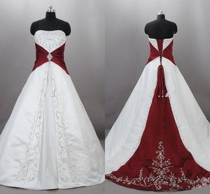Vintage rood en wit trouwjurken strapless satijnen borduurwerk veter up corset gotische sweep trein bruidsjurken vestido de novia