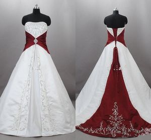 Vintage rote und weiße Brautkleider, trägerlos, Satin, Stickerei, Schnürkorsett, Gothic, Sweep-Zug, Brautkleider, Vestido de Novia