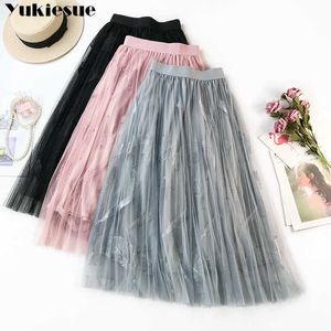 Różowy beżowy szary czarny rozciągliwy wysoki talia MIDI A-Line Wzburzyć Tulle Spódnica dla kobiet Winter Fashion Princess Spódnice Kobiet Saias 210608