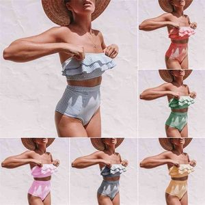 Sexy High Waist Bikini Swimsuit Women Ruffle Swimwear Striped Set Off Shoulder Bandeau Bathing Suit Summer Beachwear 210625