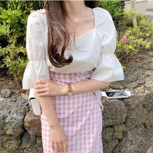 MATAKAWA Korea Sweet Square Collar Women Blouse Flared Sleeve Ladies Shirt Loose Middle Sleeve Blusas Mujer De Moda Elegantes 210513