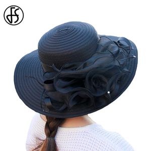 Fs Summer Church Hats for Women Elegant Pink Navy Organza Kentucky Derby Hat with Flower Foldable Large Wide Brim Beach Cap Q0805