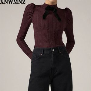 Frauen Mode Pointelle Strickpullover Vintage Elegant High Neck Puffy Langarm Samt Schleife Weibliche Pullover Chic Gestricktes Top 210520