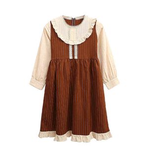 Flickor Prinsessan Klänning Tonåring Kids Midi Stripe Dress Lace Två Färger Patchwork 2022 Nya Barnbarn Vårskolor, # 6529 G1218