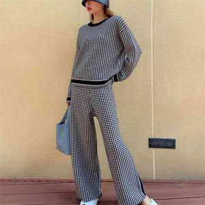 Designer de luxo 2 pedaço conjunto mulher primavera outono houndstooth de malha lã mistura camisola + calças terno mulheres suor 210514