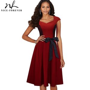 Nice-forever Summer Women Elegant Renda Patchwork Retro Dresses Cocktail Party Swing Flare Dress btyA025 210419