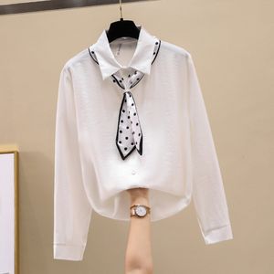 Autumn Fashion Women's Long Sleeves Turn Down Collar With Scarf Casual Shirts Ladies Shirt Blouse Tops A4008 210428