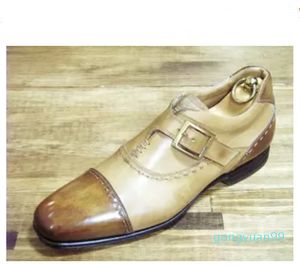 Men Dress shoes Custom Mens shoes Genuine calf leather single strap buckle color beige HD-J044