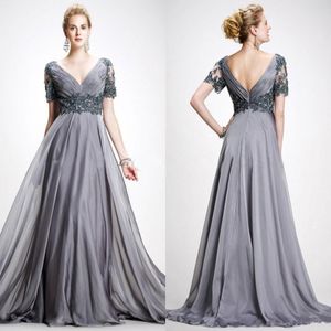 Elegancka szara rocznika matka panny młodej Suknie Sexy V Neck Szyfonowa Koronka Linia Backless Wedding Guest Dress 2021 Wieczorowa suknia szaty De Soirée Longue