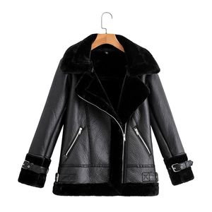 Aibeautyer Jesień Zima Kobieta Znosić Casaco Feminino Coat Kobiety Pu Faux Soft Leather Black White Sheepskin futro kurtka 211108