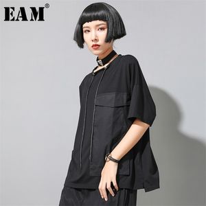 [EAM]女性レッドビッグポケット分割ジョイントサイズTシャツラウンドネック長袖ファッションスプリングサマー1U141 210623
