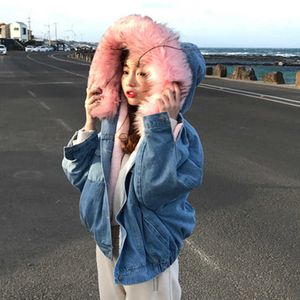 Denim plus velvet loose hooded jacket female winter Korea ins Harajuku vintage chic lamb hair fashion casual women 210608