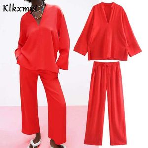 Klkxmyt Za Sets Camicia casual da donna Pantaloni tuta 2 pezzi Camicetta Top e abito femminile elastico a vita alta 210527