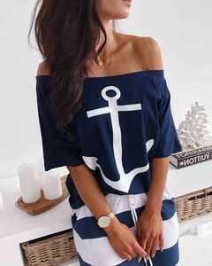 Women Summer Boat Anchor Print T-Shirt & Striped Skirt Set Female Sexy Outwear Homewear Suit Set Lady Casual Two Piece Outfits 210415