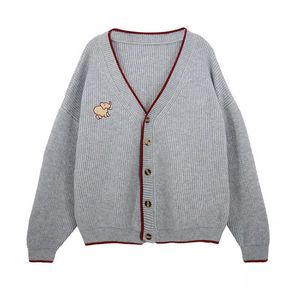 Kanske din tröja stickad broderi elefant långärmad beige navy blå grå singel breasted cardigans v neck höst m0197 210529