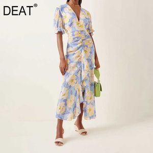 [DEAT] Summer Fashion V-neck High Waist Short Sleeve Printing Asymmetry Split Fork Temperament Dress Women 13Q284 210527