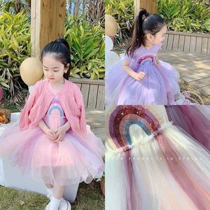 Girls Rainbow Dress for Toddler Lovely Tulle Princess Children Birthday Kids Summer Clothing 210529