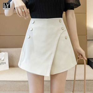 Ly Varey Lin 여름 여성 느슨한 Streetwear Asymmetrical 솔리드 레이디 반바지 와이드 다리 높은 허리 버튼 캐주얼 블랙 210526