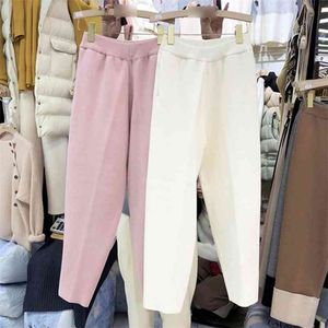 Осень зима Корея мода женская эластичная талия свободные вязаные брюки все совпадающие вскользь розовый гарем женские брюки S520 210512