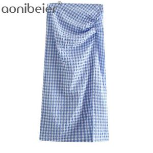 Kvinnor Gingham Skirts Textured Checked Pencil Ruched Detail Side Split High Waist Midi Casual Plaid Bottoms 210604