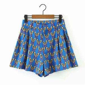 kvinnor avslappnad strand stil vild fågel print za blå shorts sommar chic lady mode hög midja dragkedja löst kort byxor kostym 210714