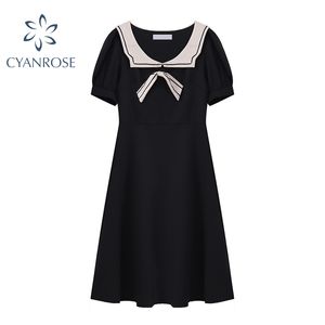 Опрятный стиль ретро женское платье с коротким рукавом корейские Bownot Sprised Slim MIDI черные платья свободные повседневные элегантные летние Froncks 210417