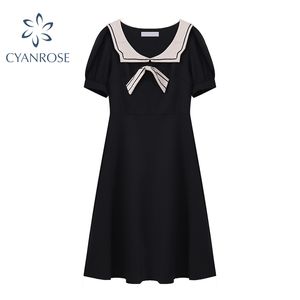 Preppy Style Retro Women's Dress Short Sleeve Korean Bownot Spliced Slim Midi Black Dresses Loose Casual Elegant Summer Frocks 210417