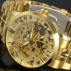 WINNER Fashion Male Automatic Mechanical Watch Mens Luxury Gold Hollow Out Clock Steampunk Stainless Steel Wristwatch 210517